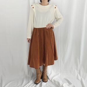 70s White And‎ Brown Fall Day Dress